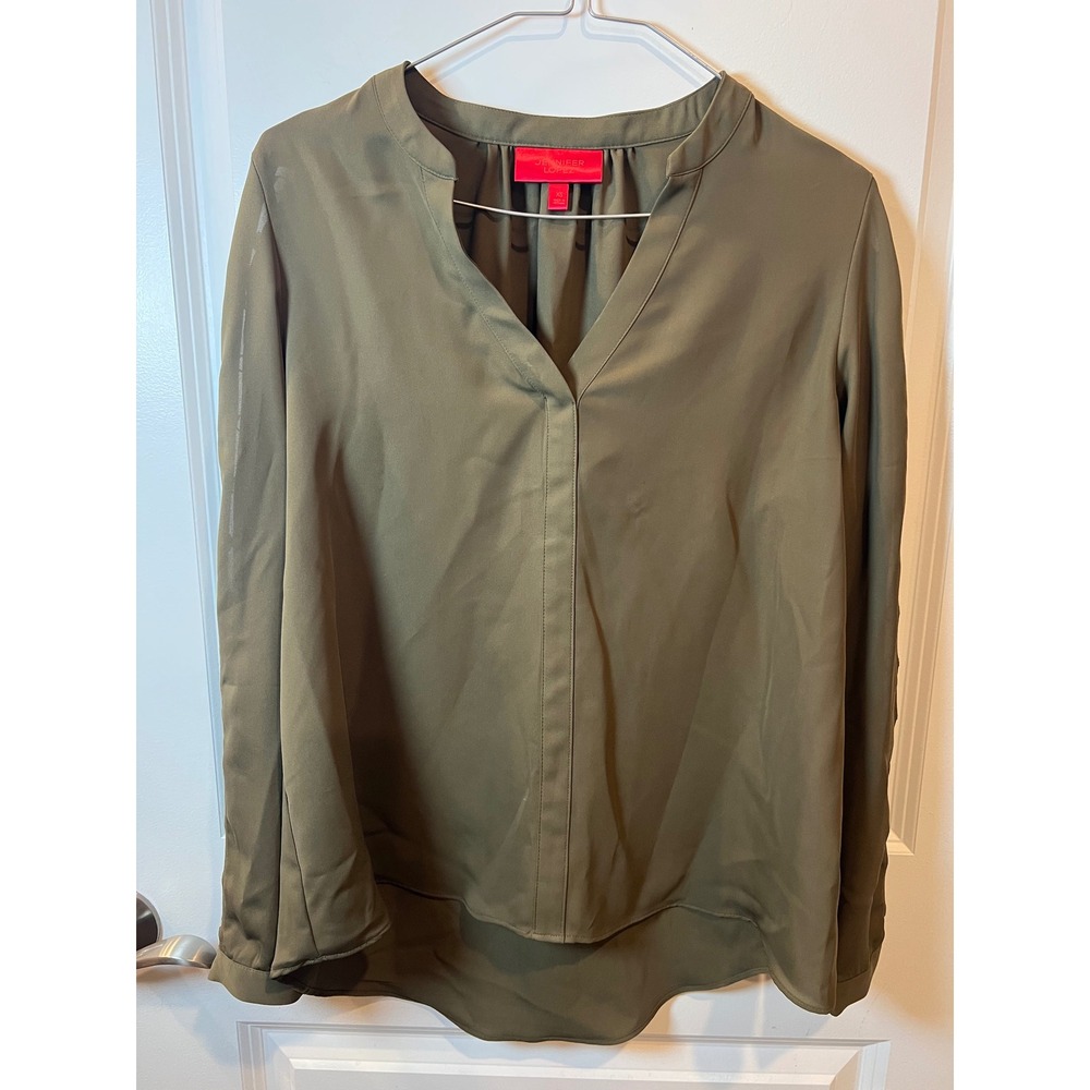 Jennifer Lopez Womens Blouse Metal Ring Sleeve Detail Olive Green XS